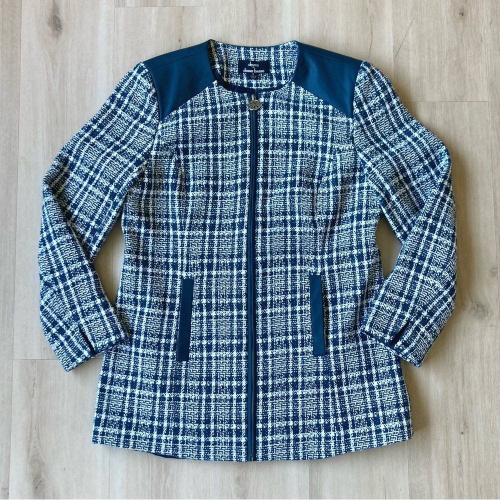 NWT Dennis Basso Tweed Plaid Car Coat Teal Ivory size 12